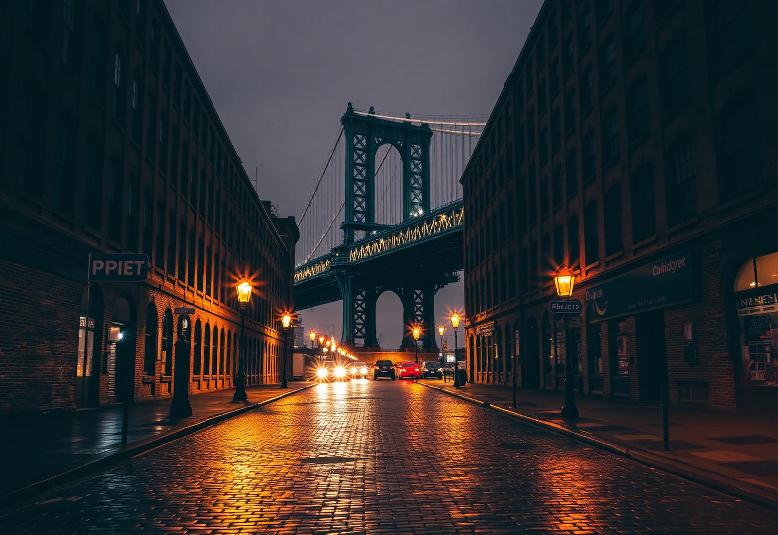 DUMBO Brooklyn under the Manhattan Bridge at night